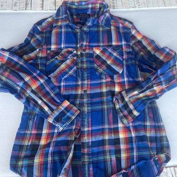 Polo Ralph Lauren Multicolored Plaid Flannel Button Down Shirt Size M 10-12 - Picture 1 of 5